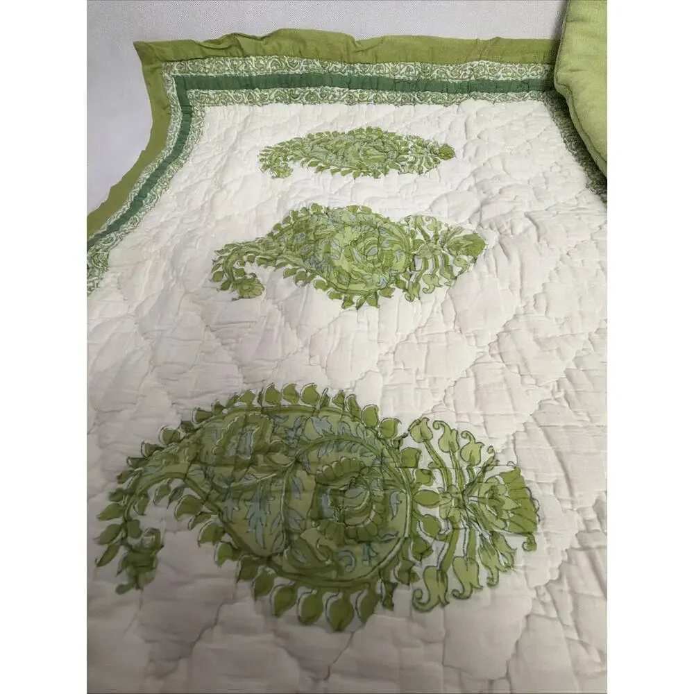 2 Vintage Pottery Barn Quilted Standard Shams Green White Floral Vine